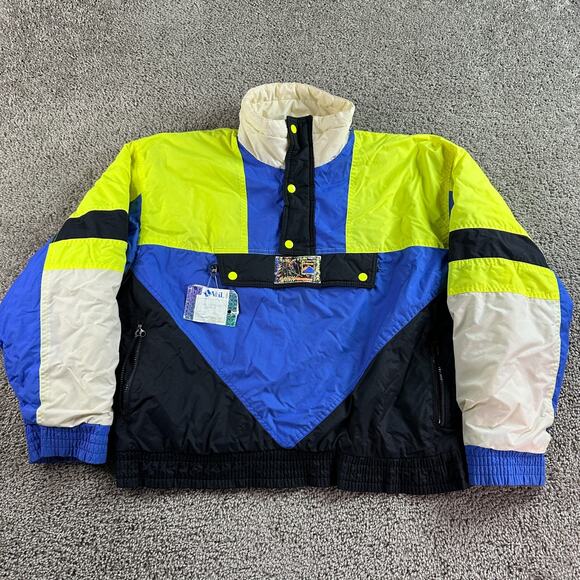 VINTAGE 90s Alpine Ski Jacket Mens Medium Blue Green Neon 1/2 Zip Skiing Coat - Picture 1 of 16
